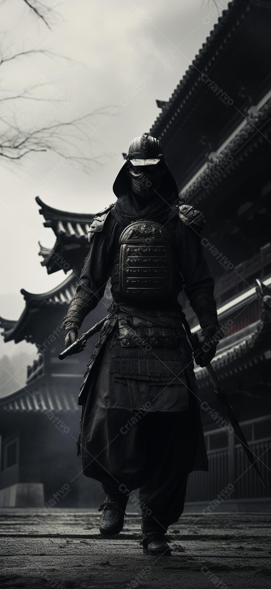 Samurai em tons de cinza próximo a um templo