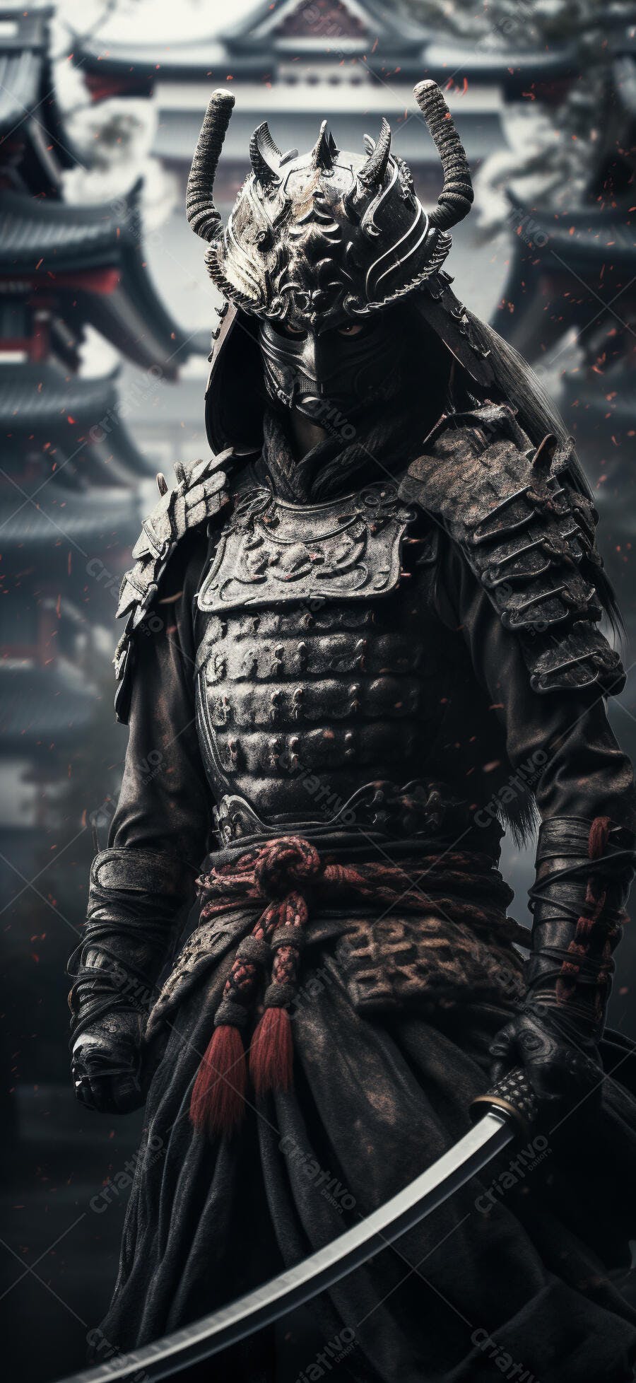 Samurai em armadura escura fundo templo