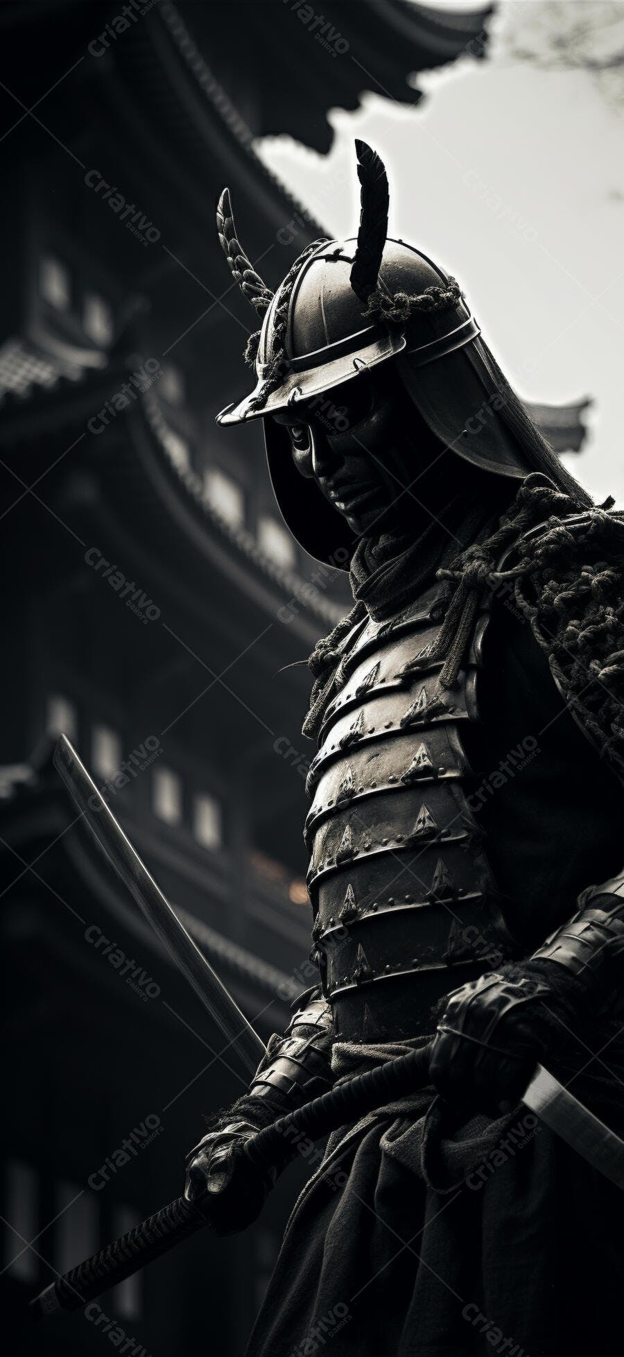 Samurai em armadura negra e branca