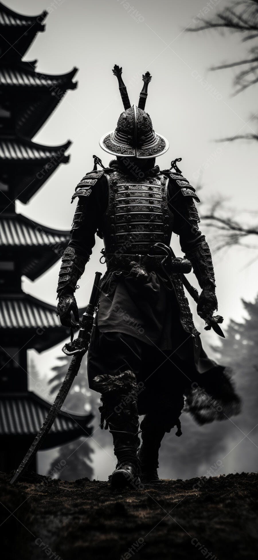 Samurai em armadura escura perto de templo japonês