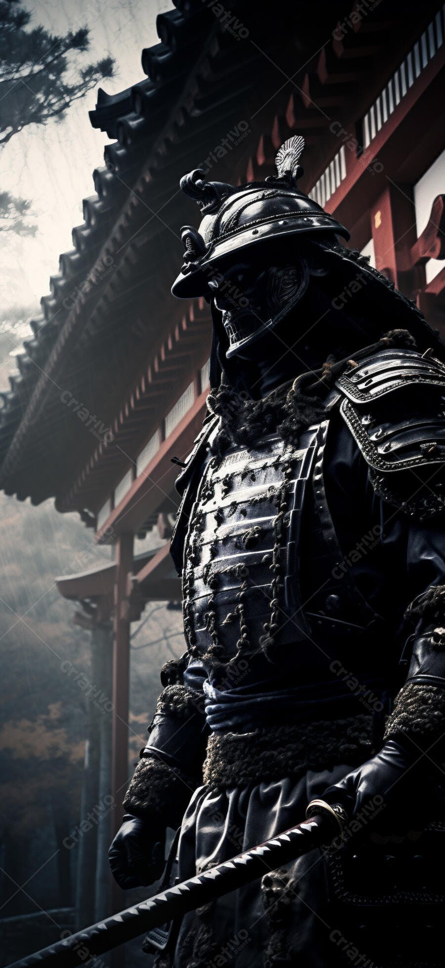 Samurai em armadura negra diante de templo japonês