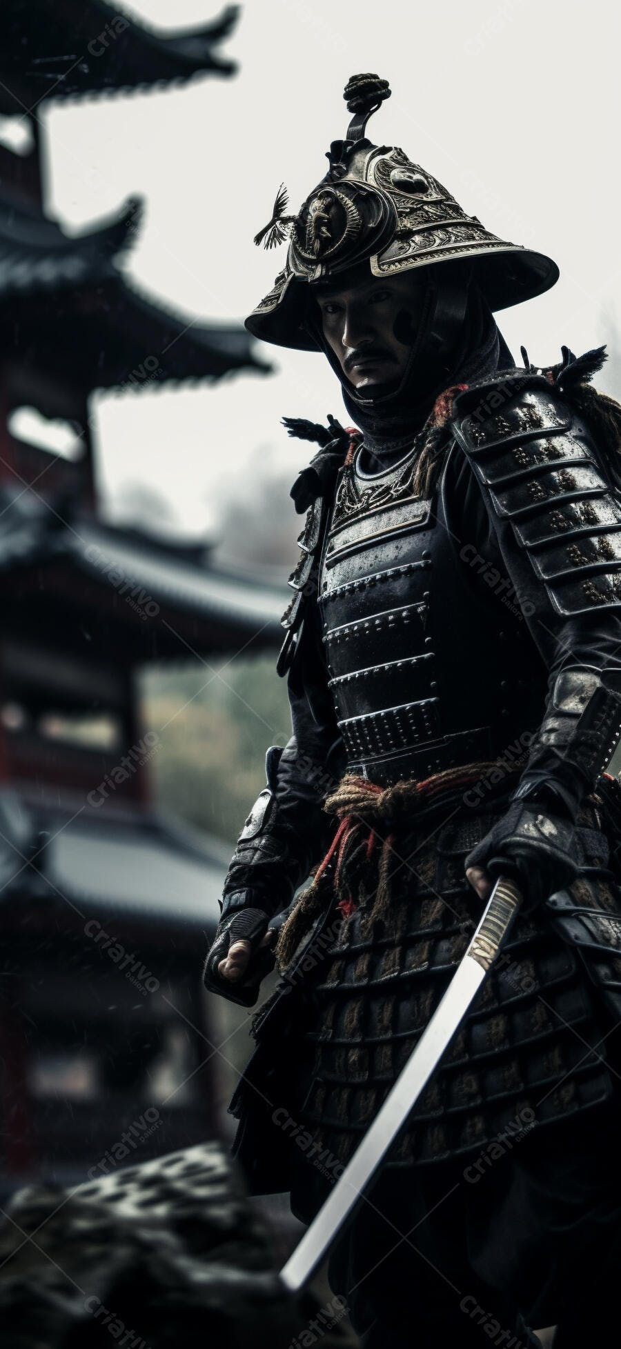 Samurai em armadura escura templo antigo