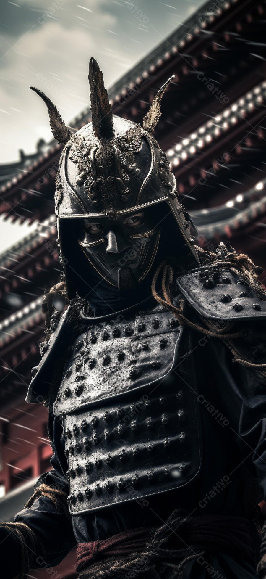 Samurai sob chuva em templo japonês