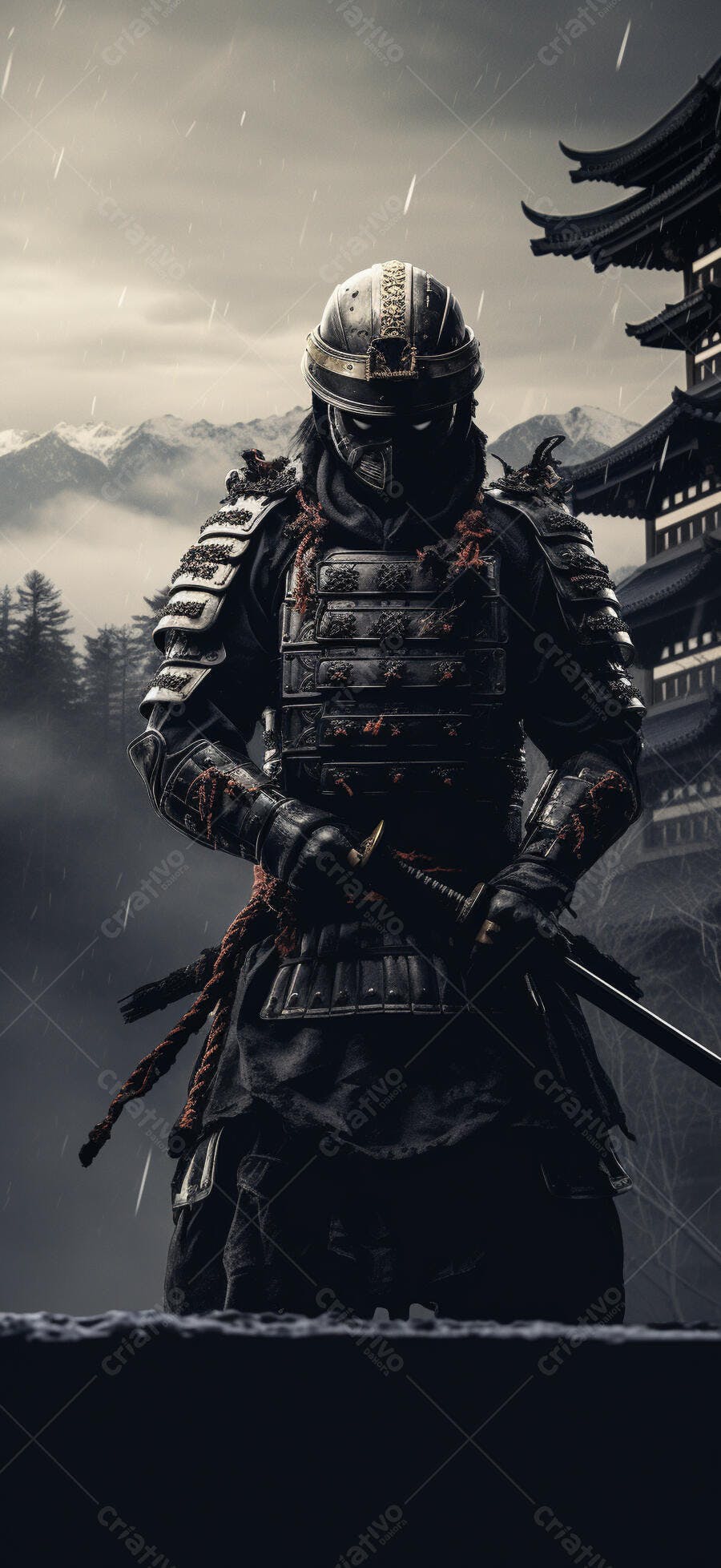 Samurai em armadura sob chuva