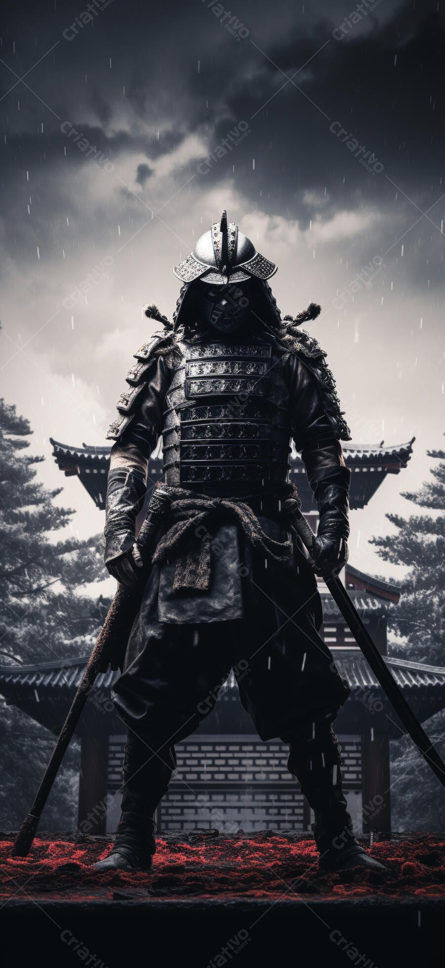 Samurai sob chuva em templo japonês
