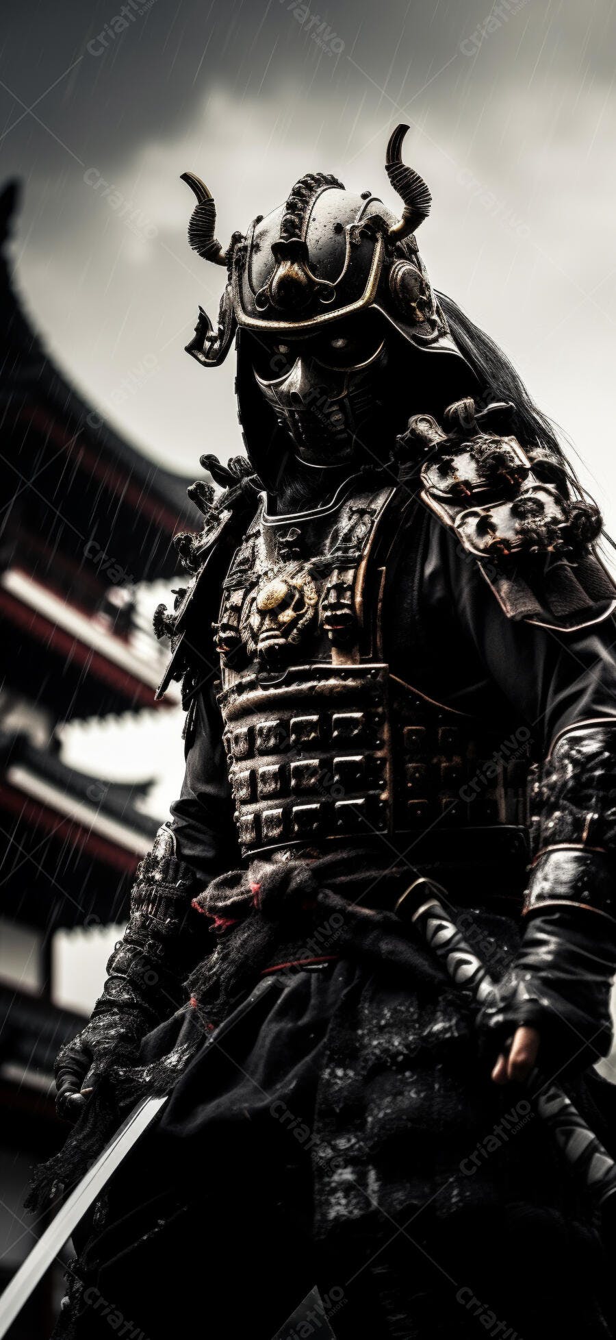 Samurai sob chuva em templo japonês
