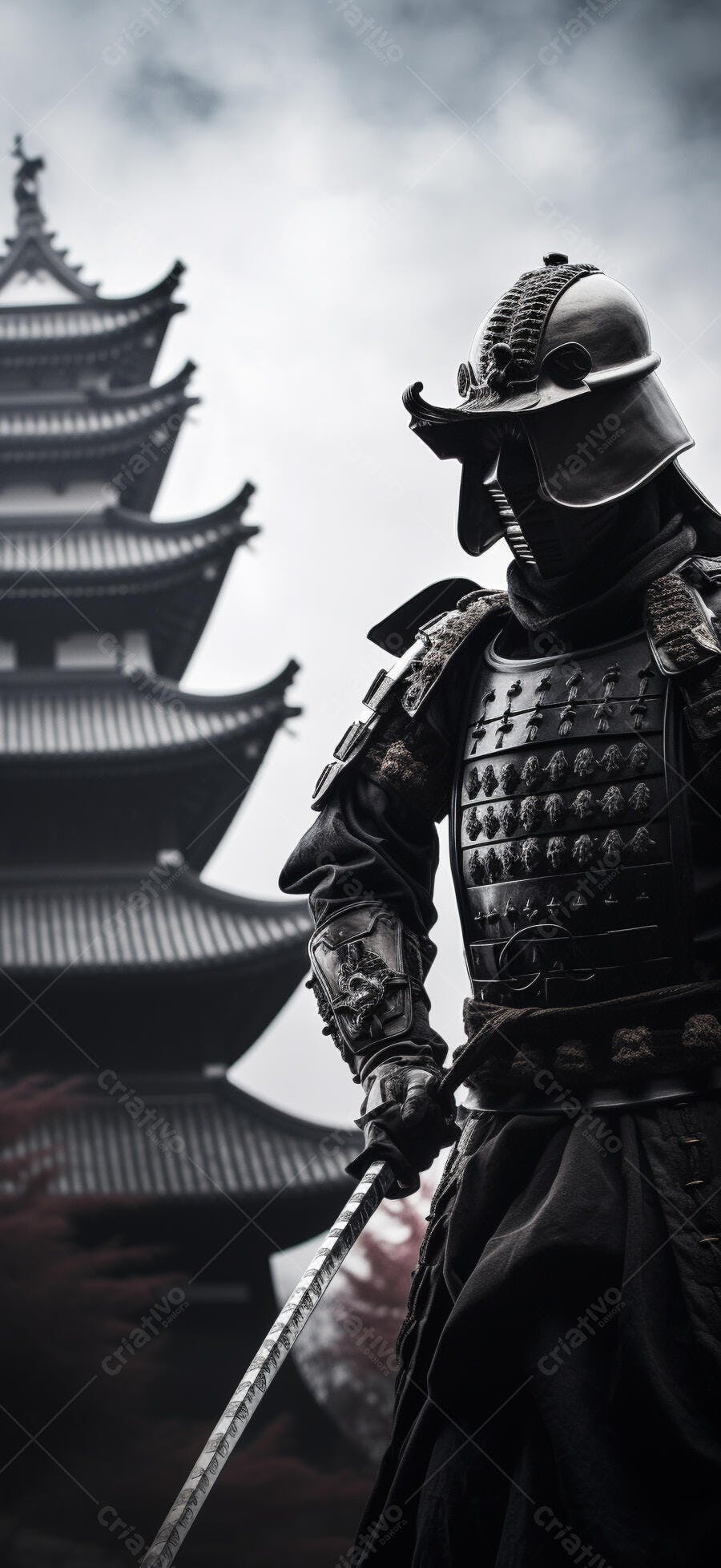 Samurai em armadura negra frente a pagode japonês