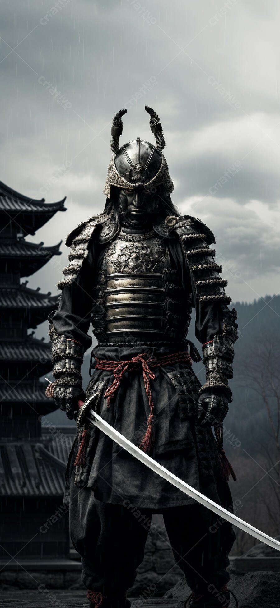 Samurai em armadura sob chuva Japão