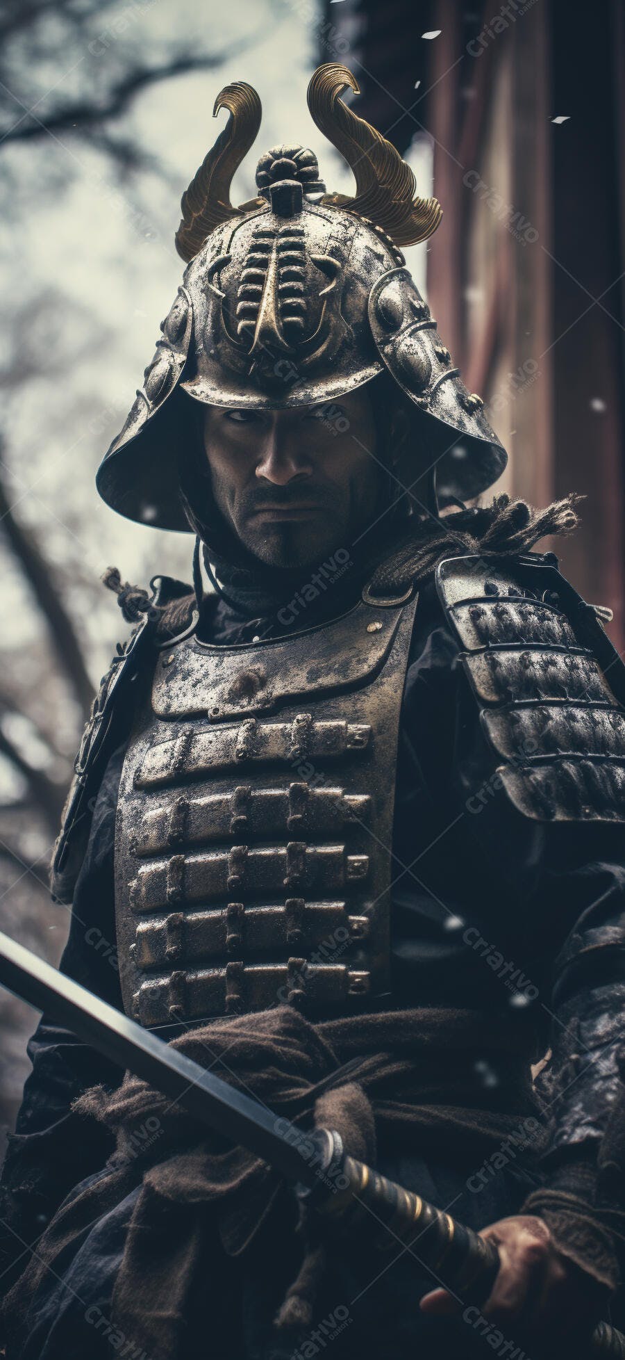 Samurai com armadura e katana em dia chuvoso