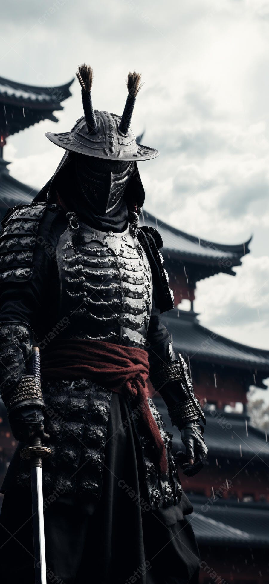 Samurai em armadura negra sob chuva