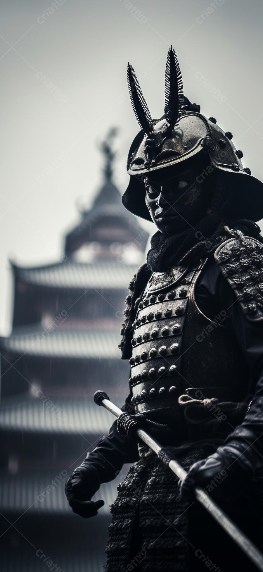 Samurai em armadura escura sob chuva