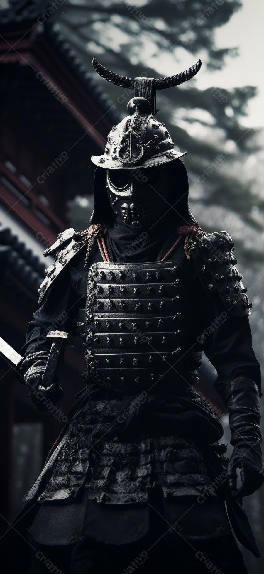 Samurai em armadura negra frente templo japonês