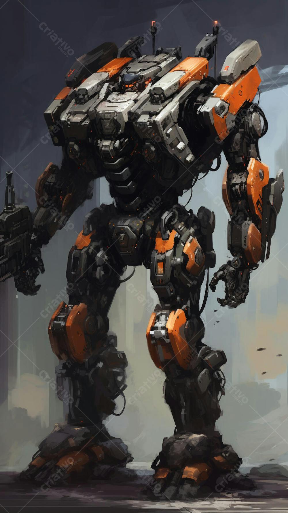 Robô gigante em cenário futurista