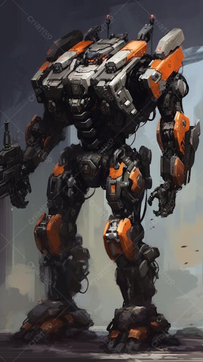 Robô gigante em cenário futurista