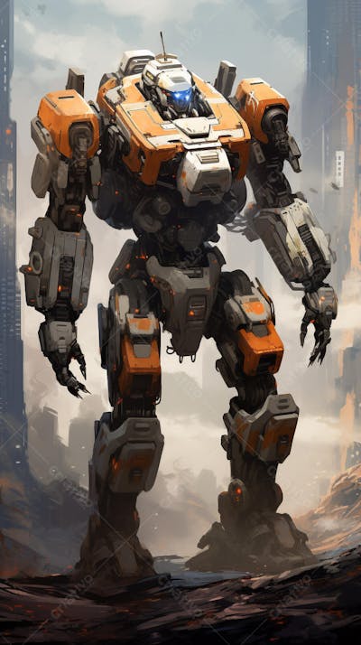 Robô gigante em cenário futurista