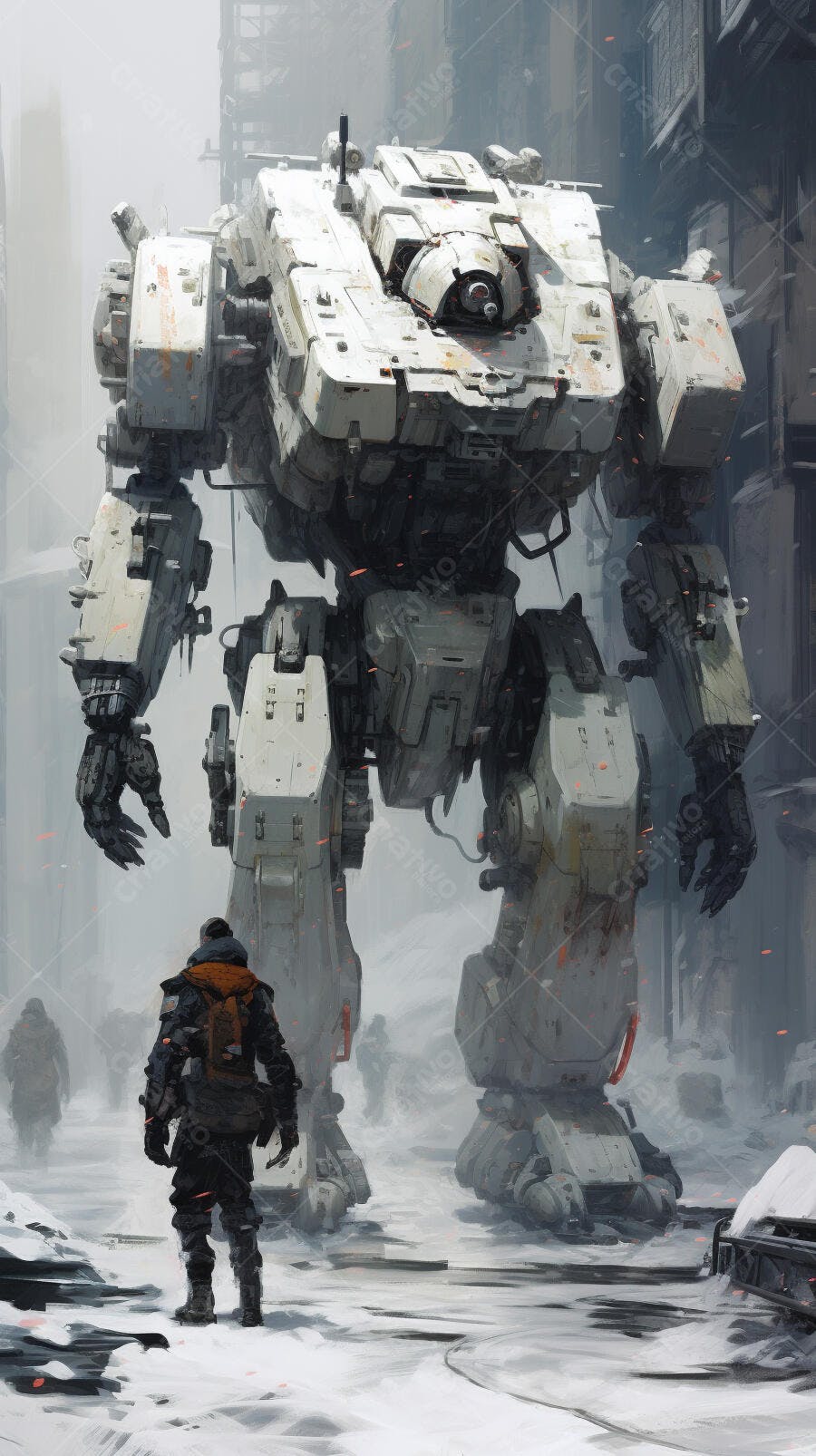 Robô gigante em cenário urbano nevado