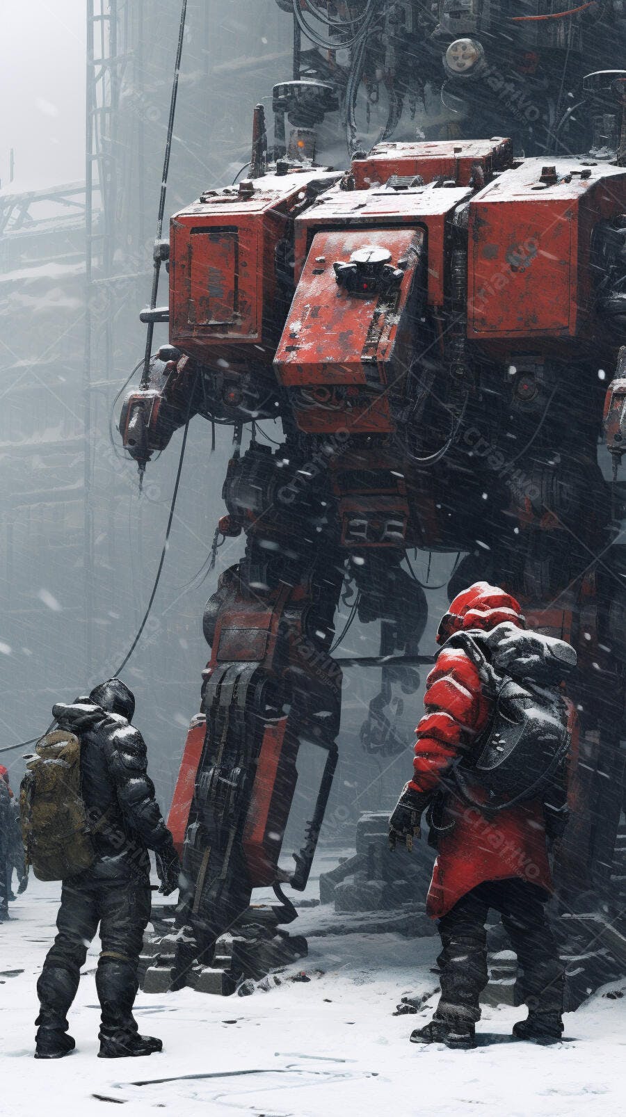 Robô gigante na neve cenário pós apocalíptico