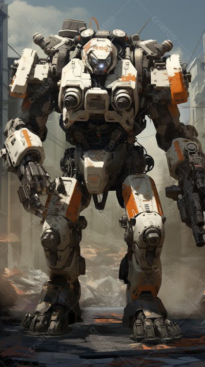 Robô gigante em cenário futurista