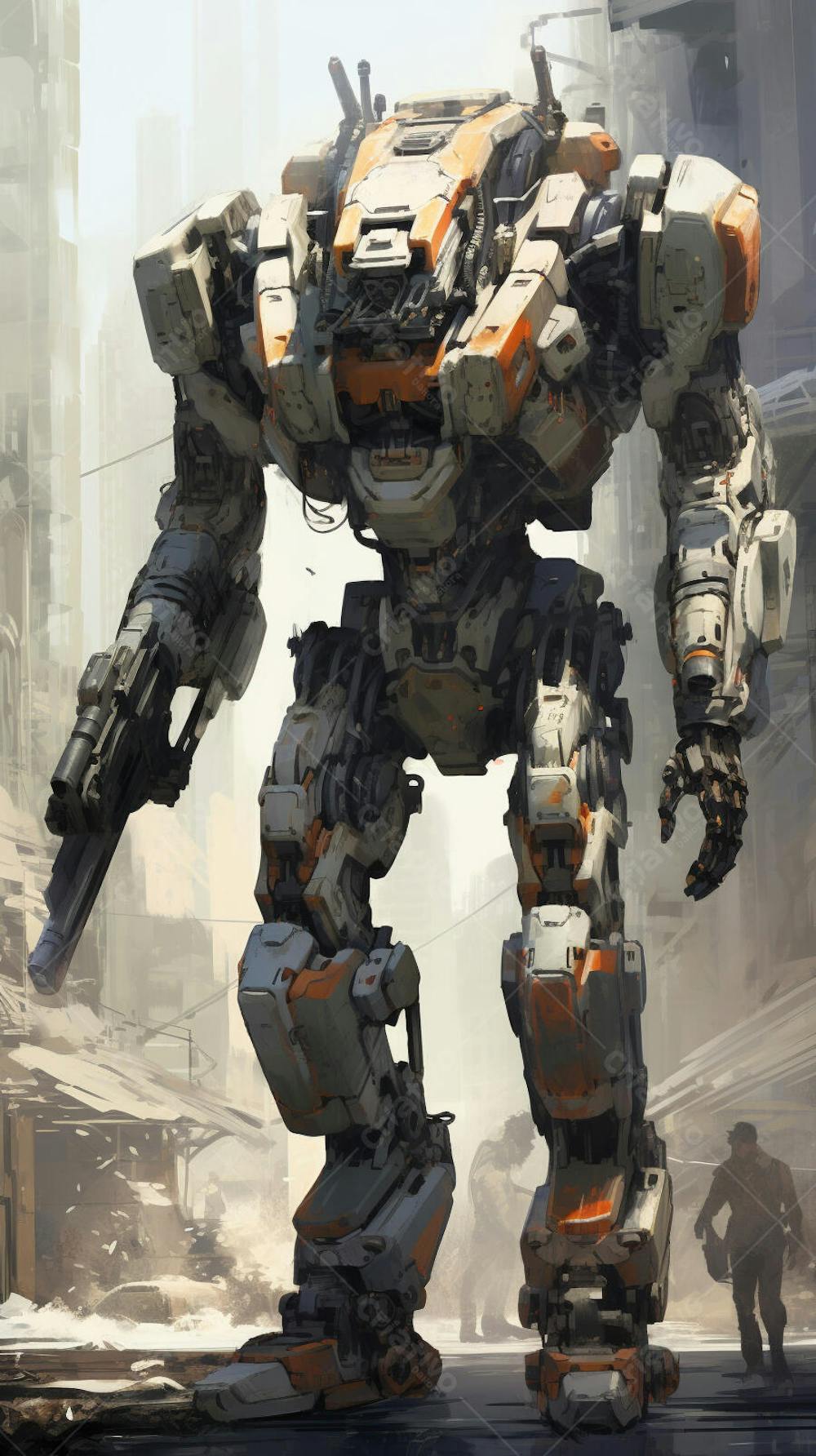 Robô gigante em cenário futurista