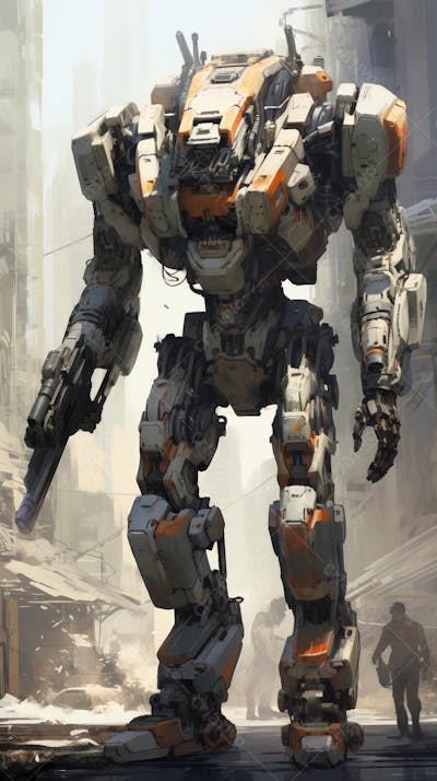 Robô gigante em cenário futurista