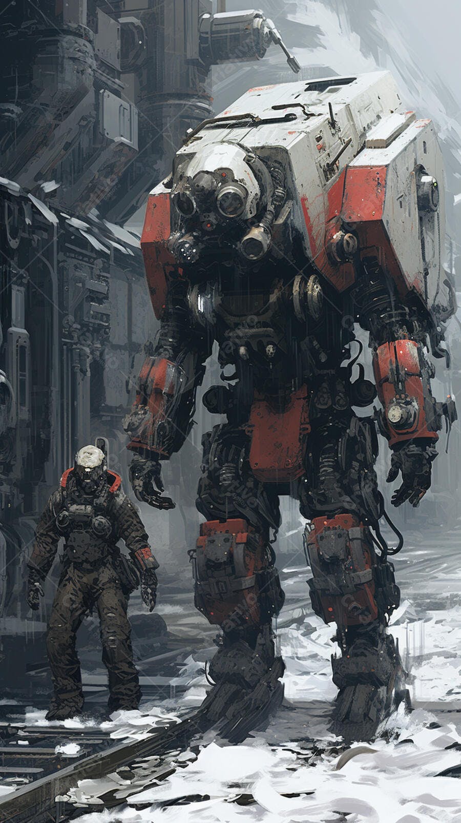 Robô gigante vermelho e branco em cenário industrial nevado