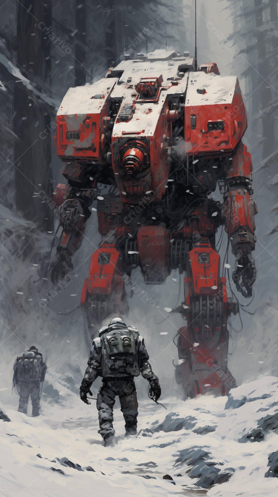 Robô gigante vermelho na neve floresta