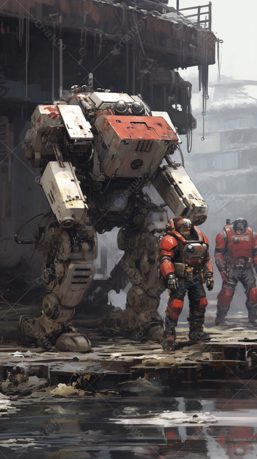 Mech gigante com soldados em cenário pós-apocalíptico
