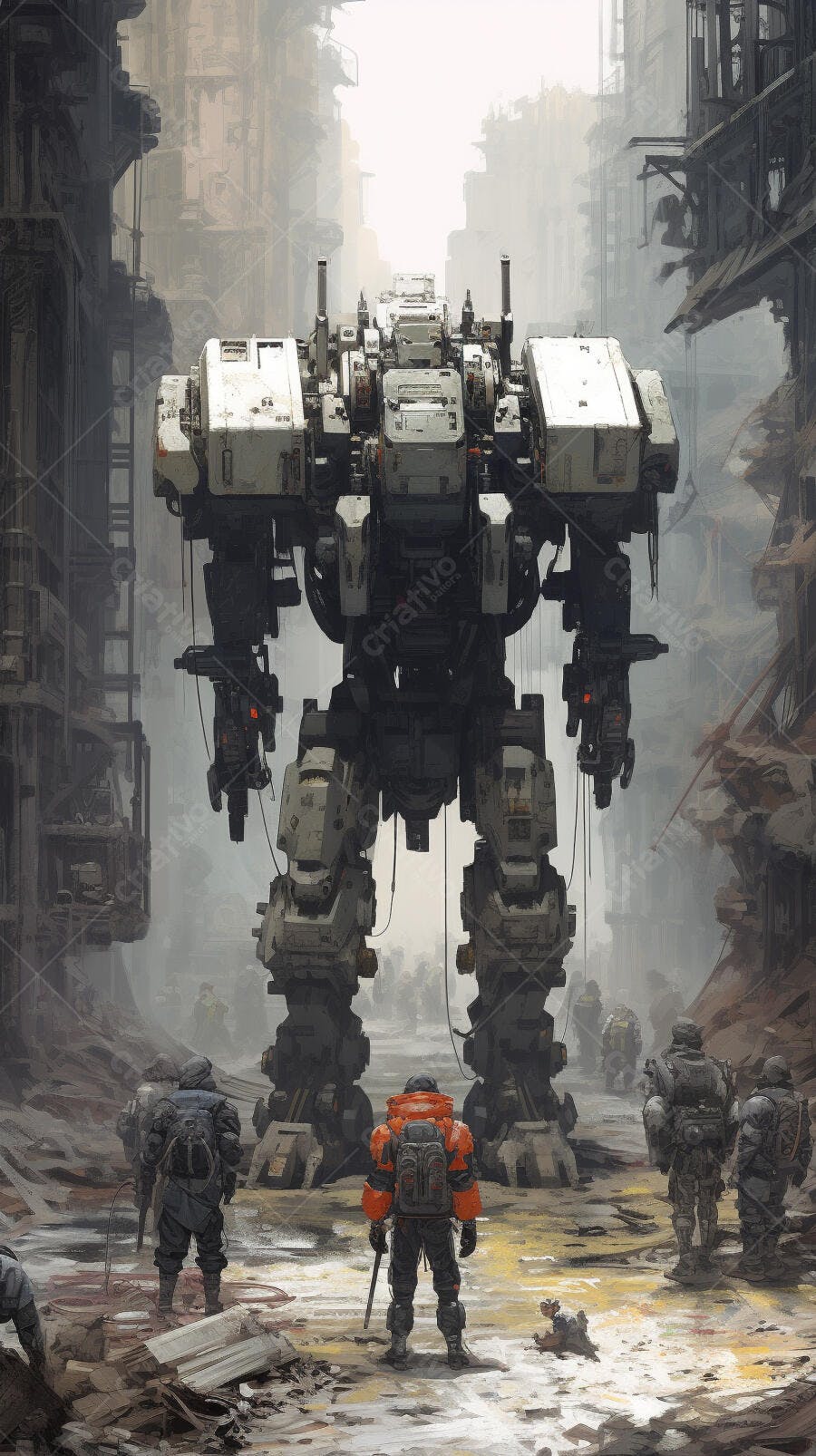 Robô gigante em cenário pós-apocalíptico
