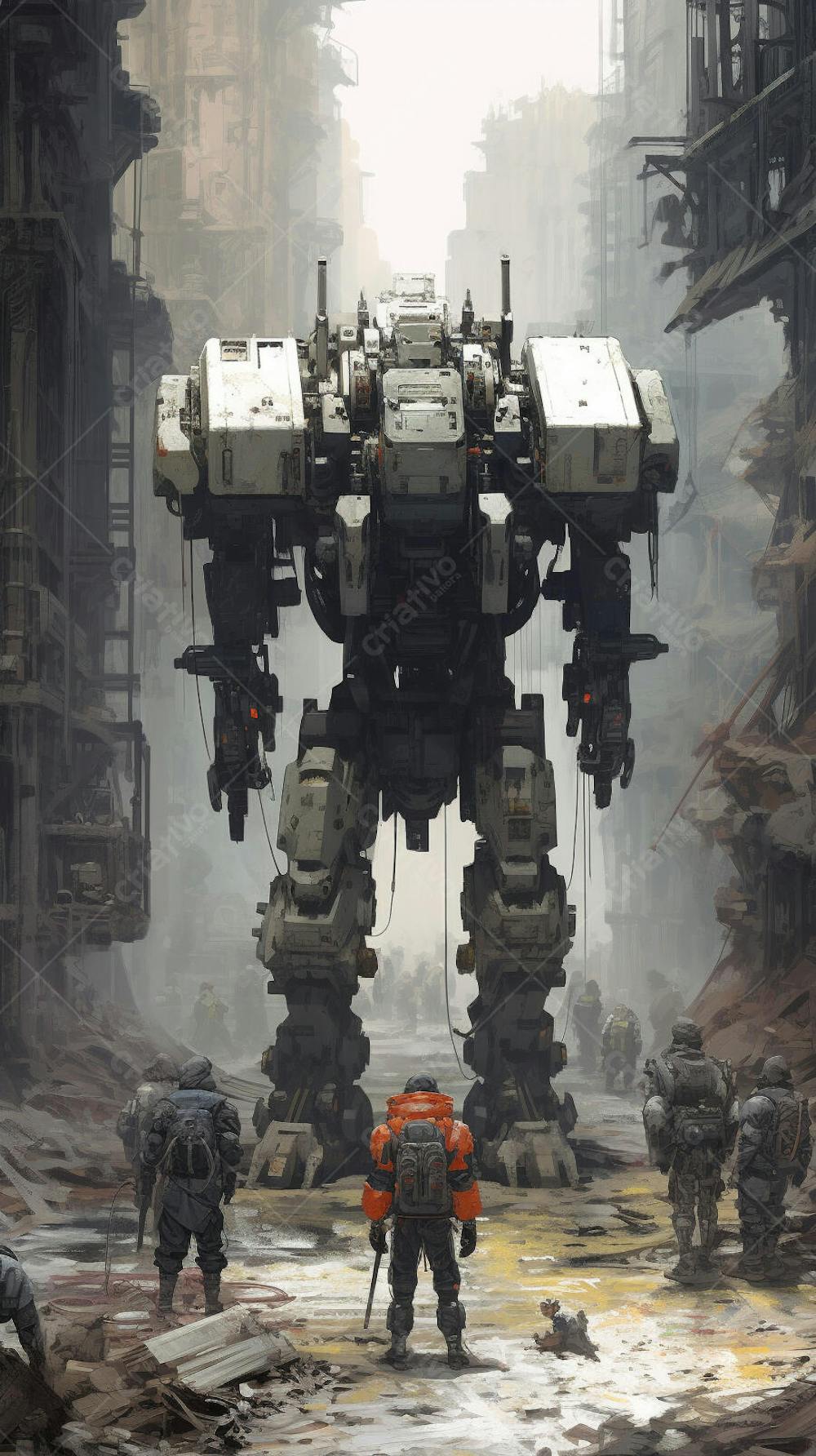 Robô gigante em cenário futurista