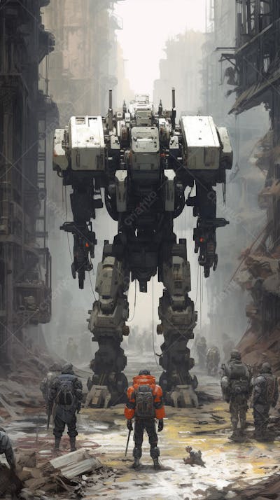 Robô gigante em cenário futurista