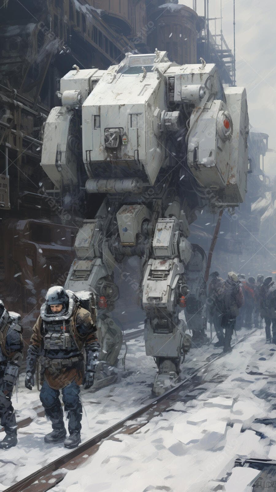 Robô gigante em cenário de inverno nevando