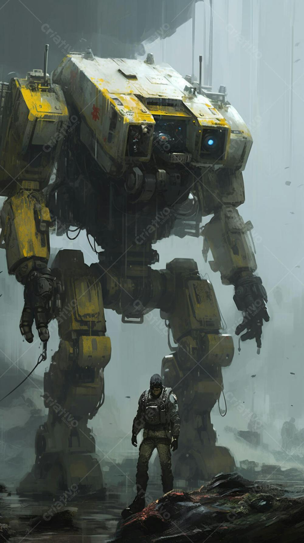 Robô gigante em cenário futurista