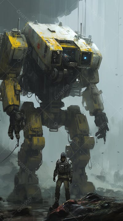 Robô gigante em cenário futurista