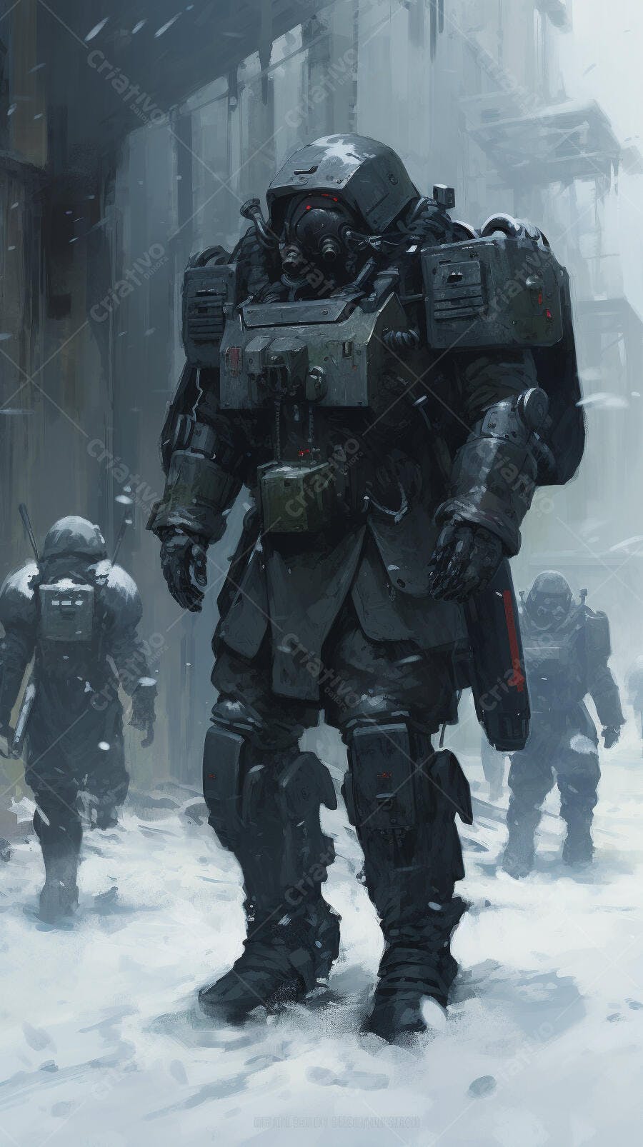 Soldado em armadura futurista na neve