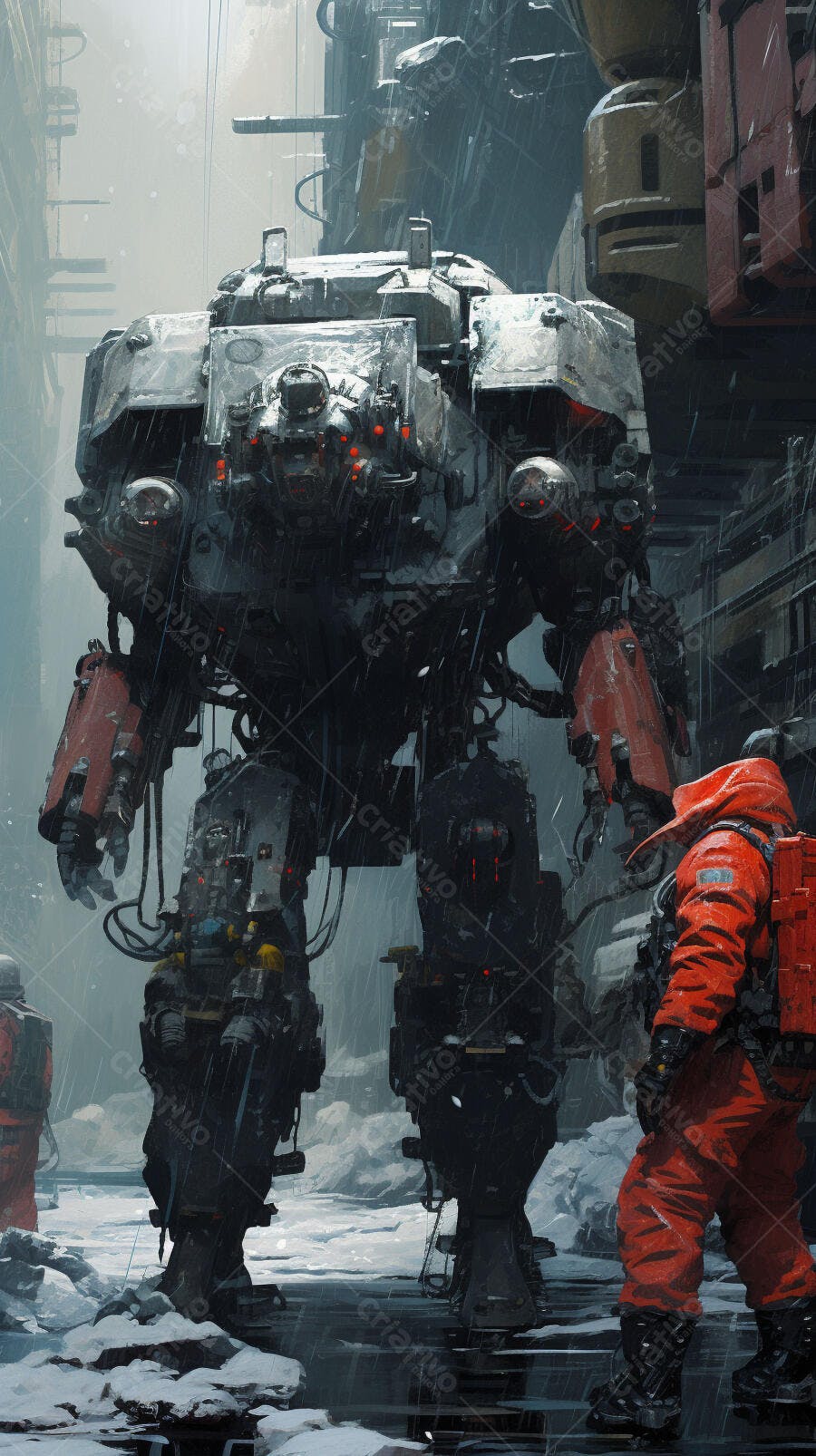Robô gigante em cenário urbano chuvoso