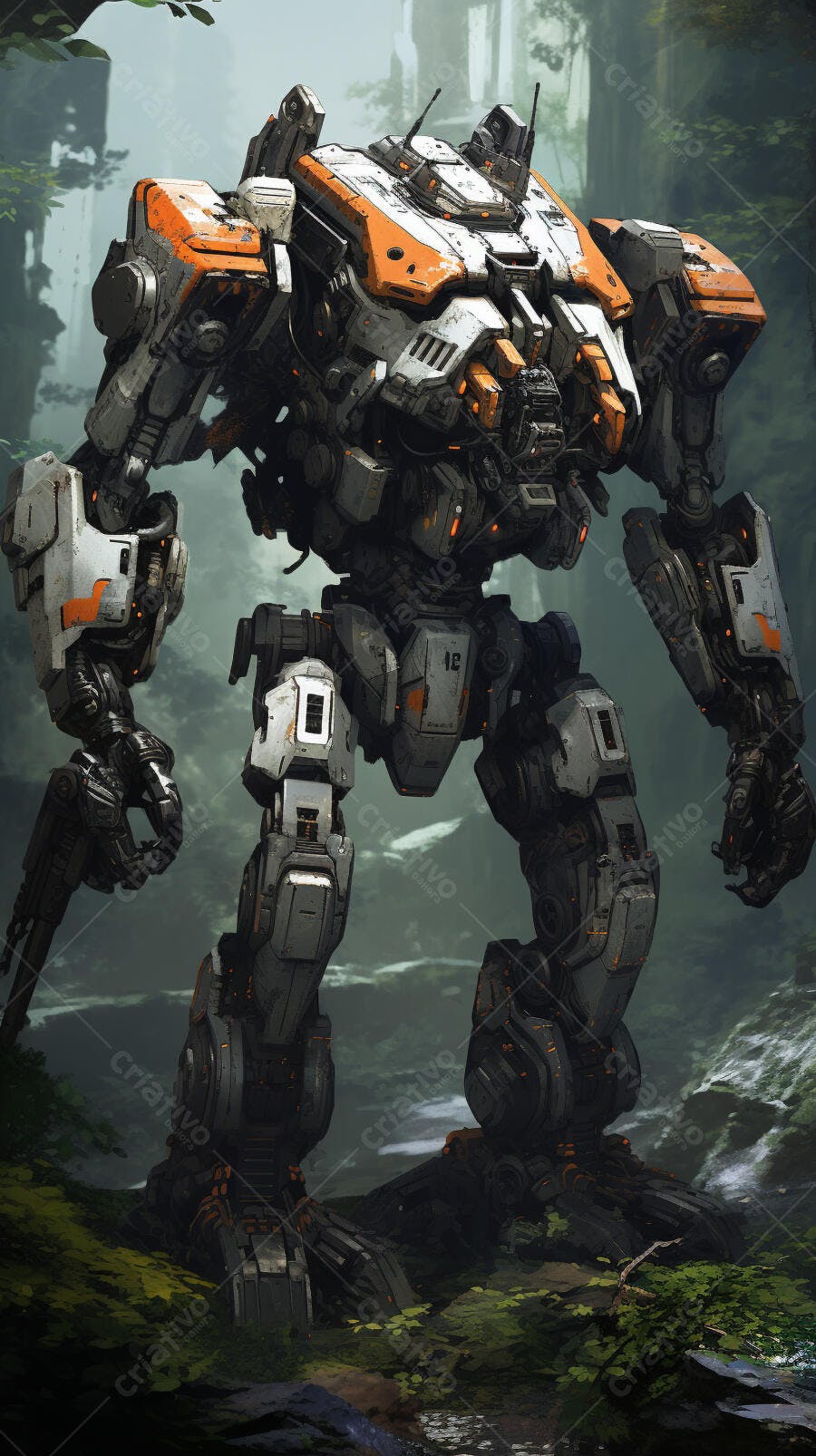 Robô gigante em floresta sombria