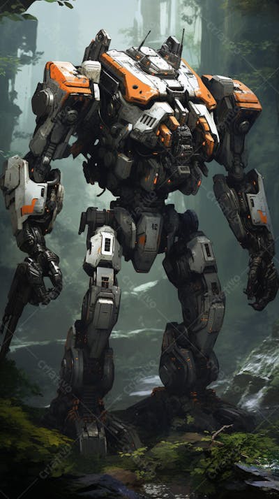Robô gigante em cenário futurista