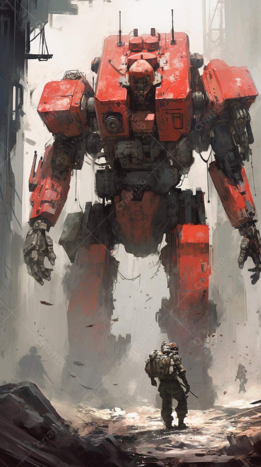 Soldado diante de robô gigante vermelho