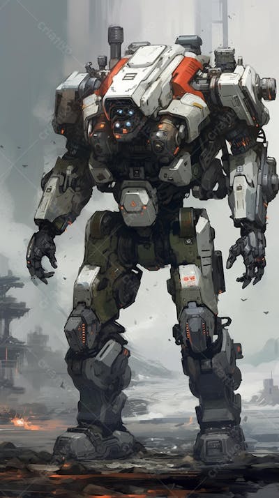 Robô gigante em cenário futurista