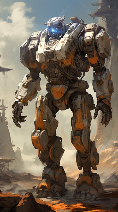 Robô gigante em cenário futurista