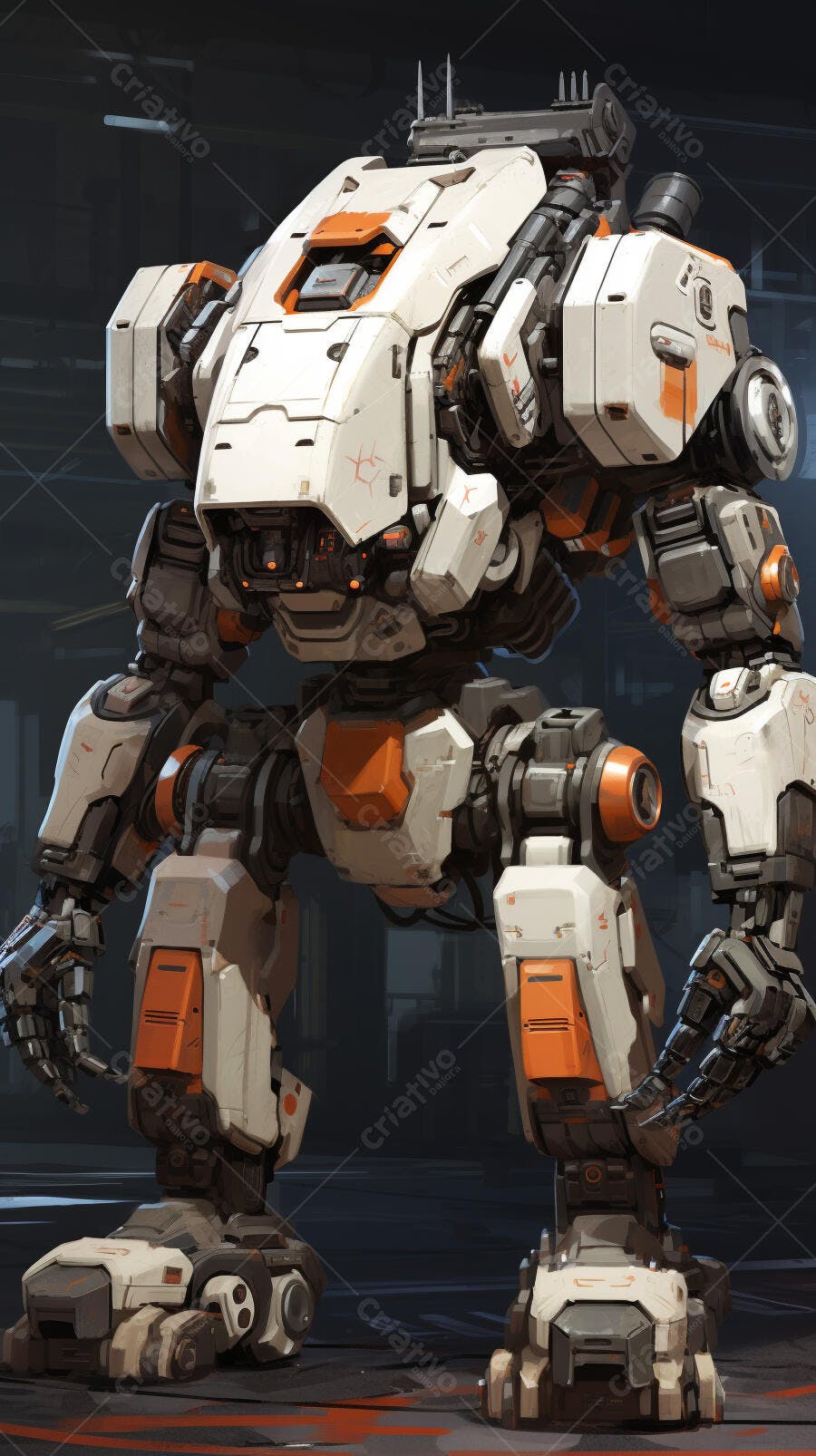 Robô gigante branco e laranja em ambiente industrial