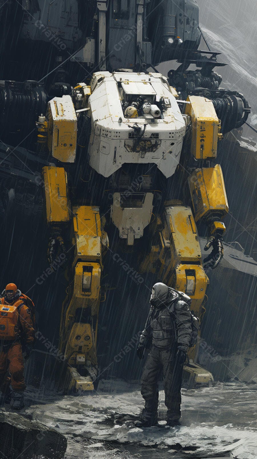 Robô gigante amarelo e astronautas sob chuva