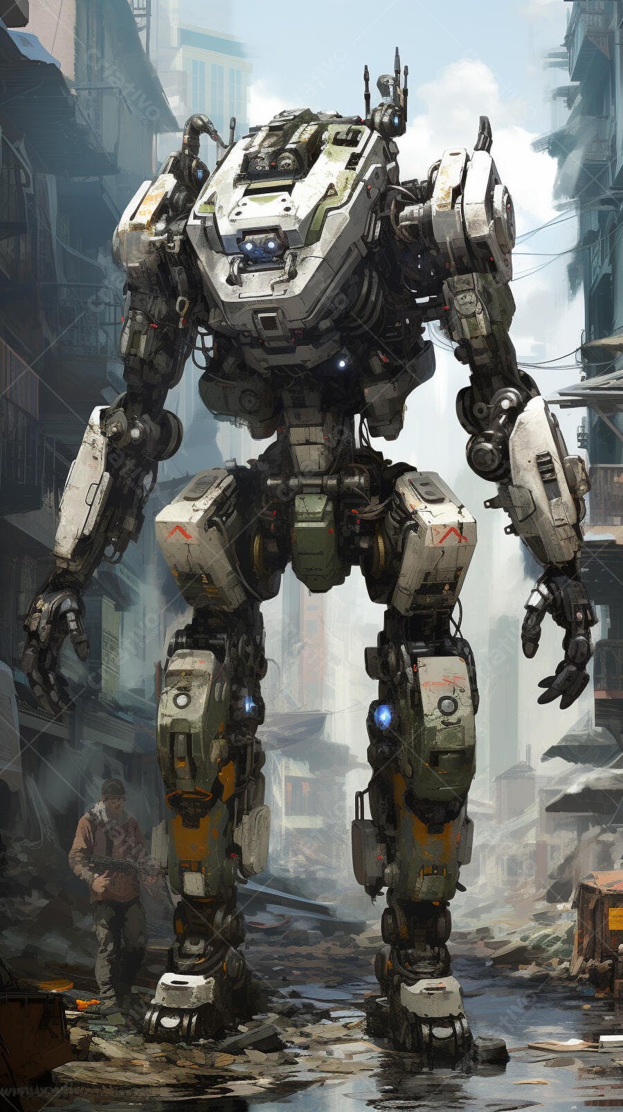 Robô gigante em cenário urbano pós-apocalíptico