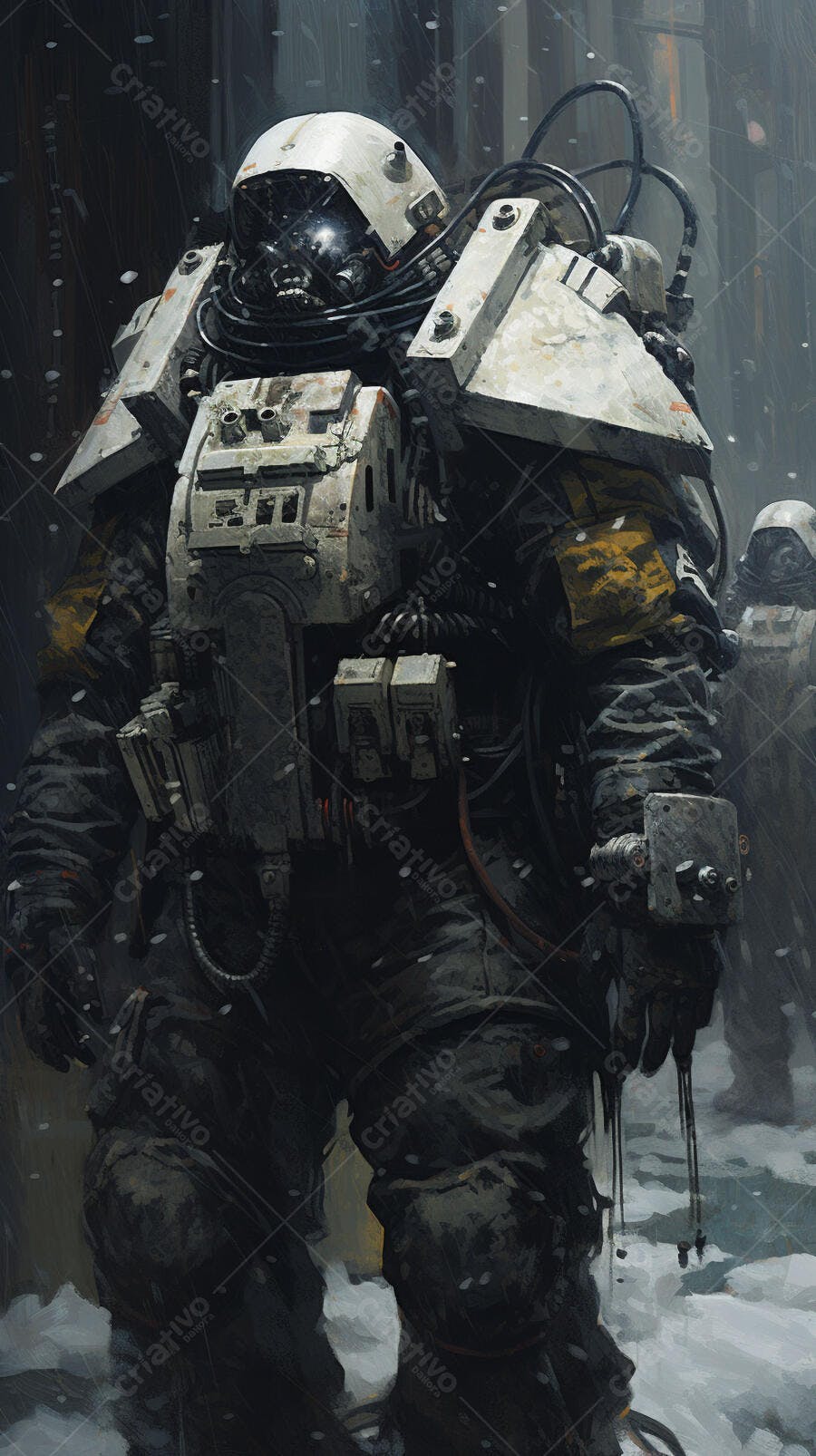 Soldado em armadura futurista na neve