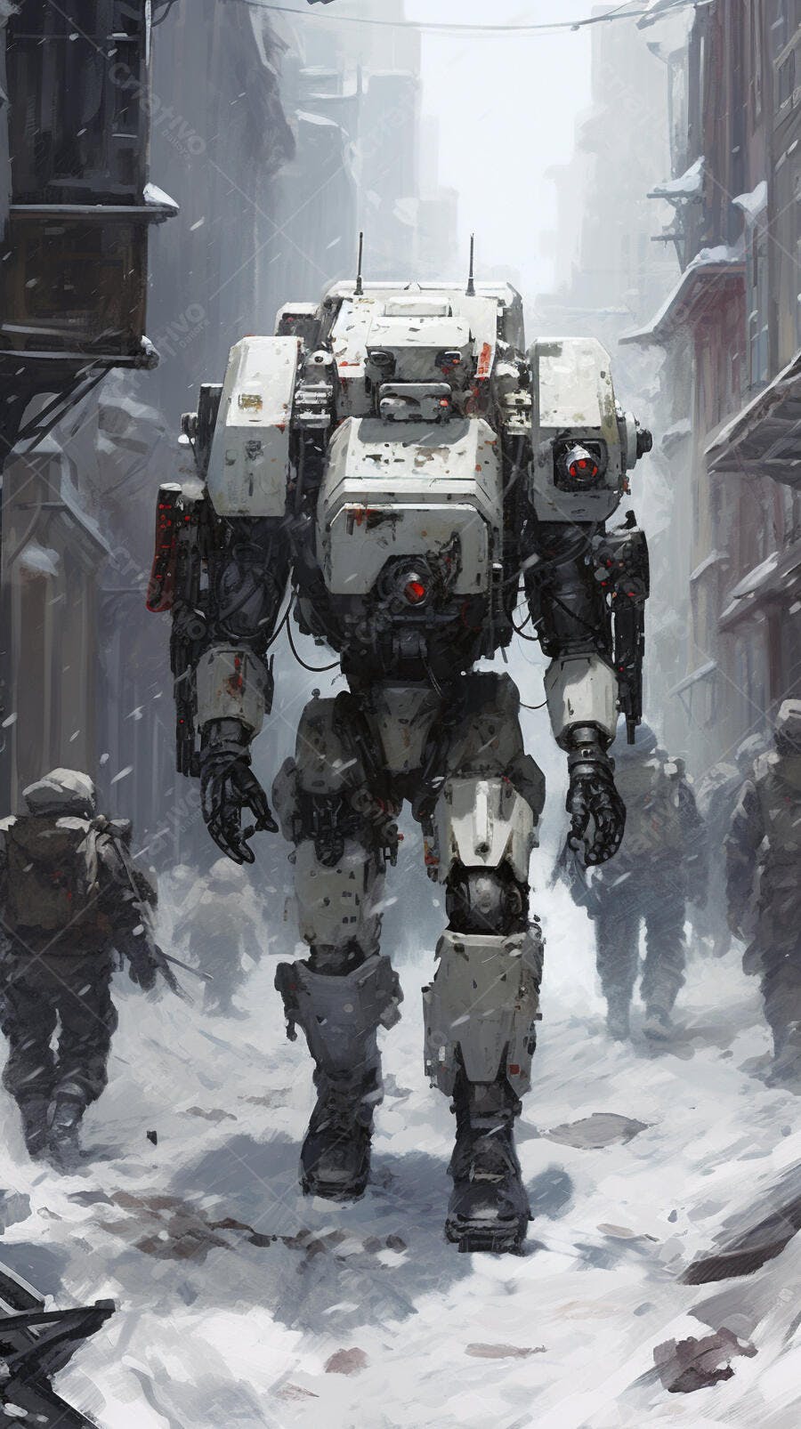 Robô gigante em paisagem nevada urbana