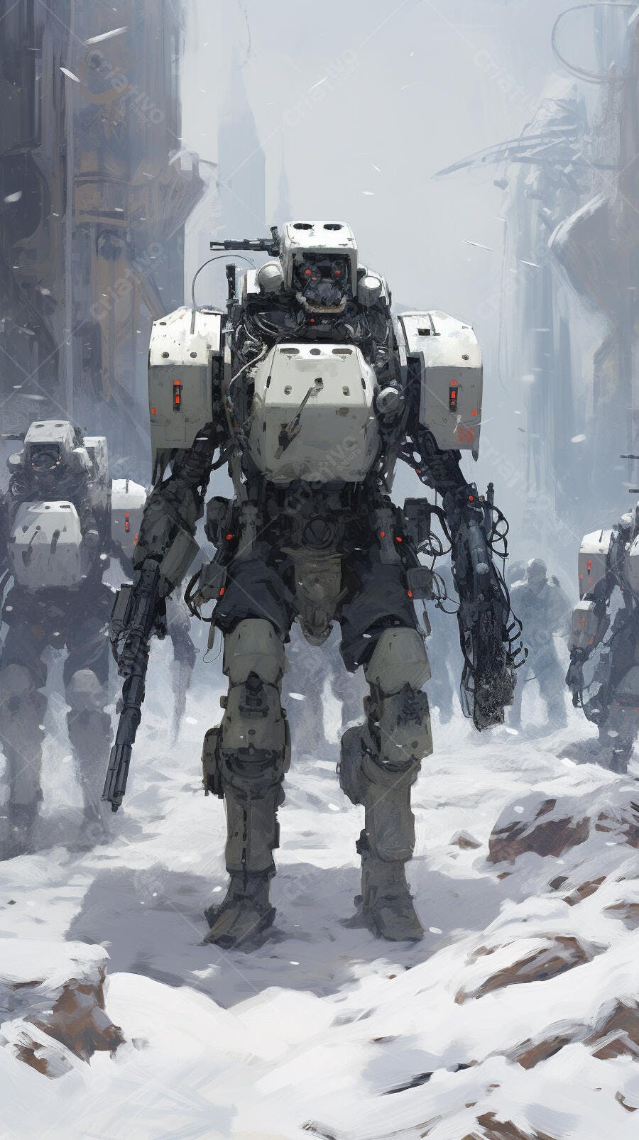 Robô militar em paisagem nevada