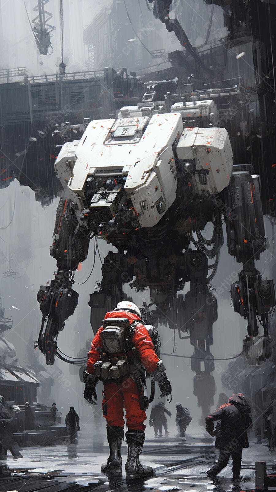 Astronauta e robô gigante em cenário urbano futurista