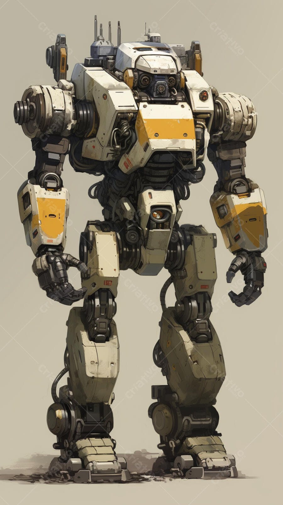 Robô gigante branco e amarelo estilo steampunk