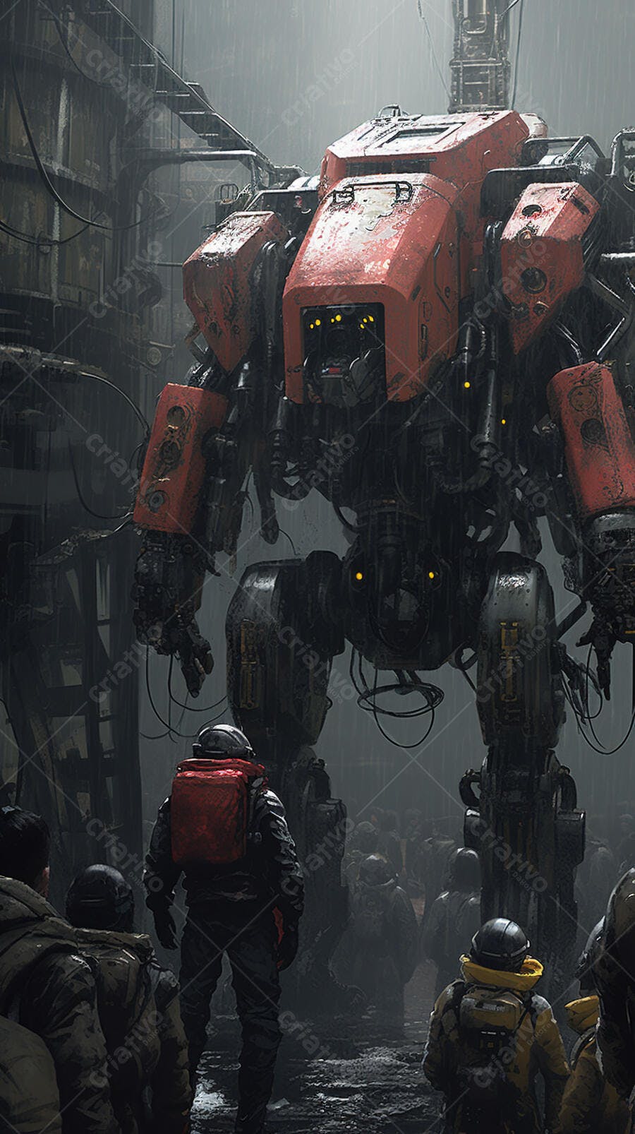 Robô gigante vermelho em cenário urbano chuvoso
