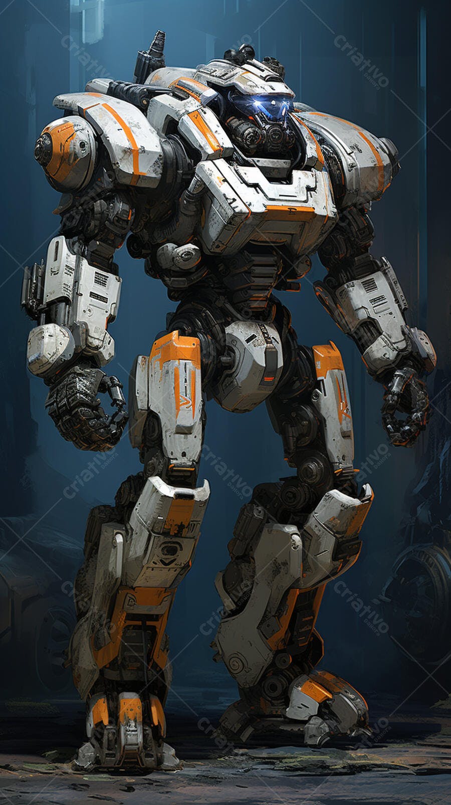 Robô gigante branco laranja futurista